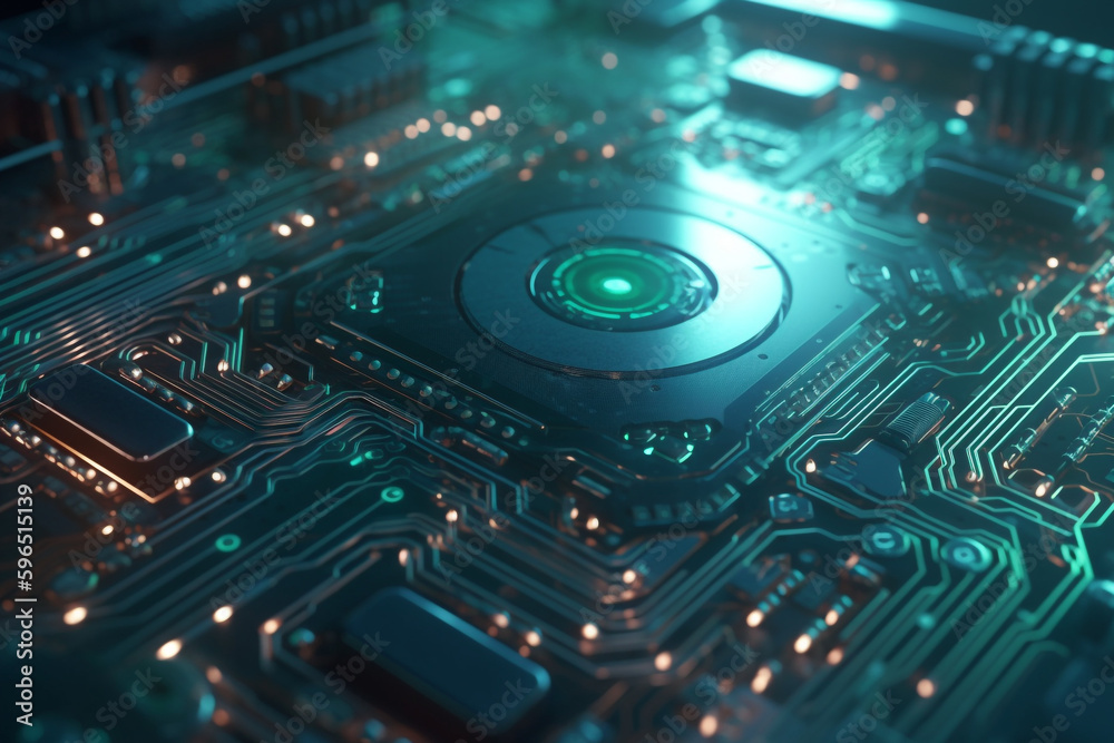 electronic futuristic Circuit Board Texture with Glowing Lines and Circles , Generative AI
electronic futuristic Circuit Board Texture with Glowing Lines and Circles , Generative AI