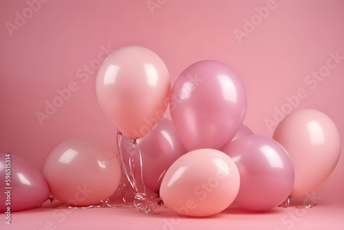 Pink helium balloons on pink background with copy space. Generative AI. © Cheng