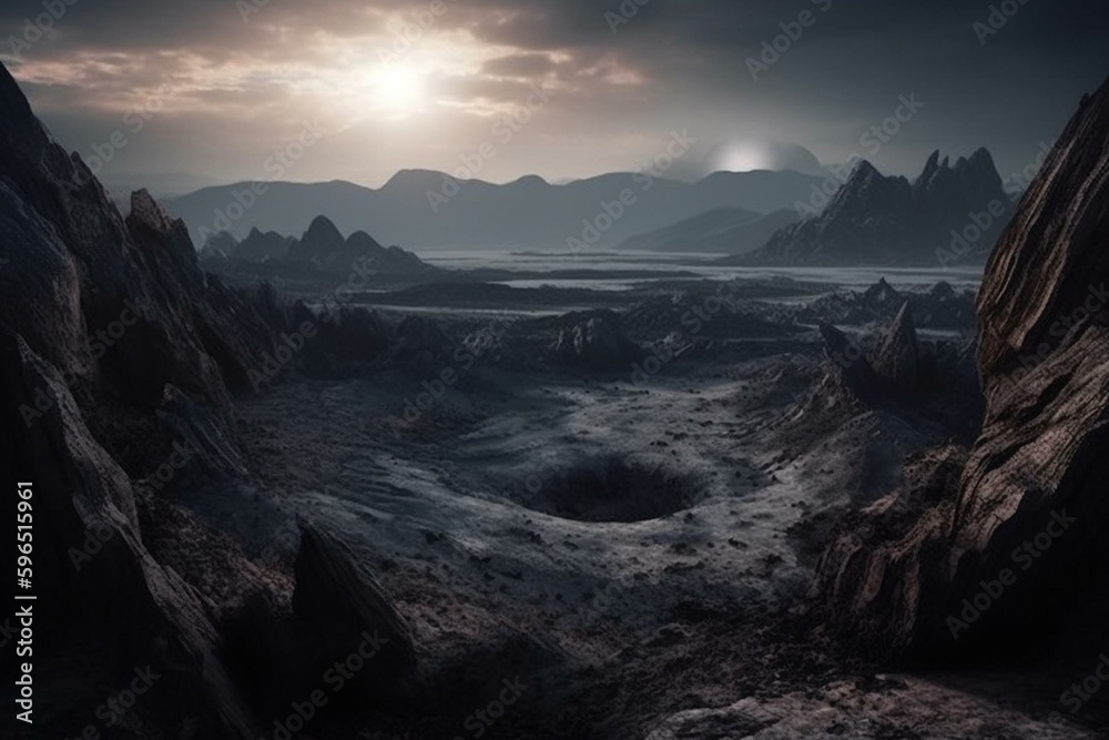 Artistic sci-fi landscape, dreamy and dark. Generative AI