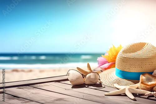  summer hat and sunglasses on the beach