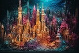Abstract painting with towers, delicate charm, enchanted and imaginative, complementing colors of dreams and fairy tales. Generative AI