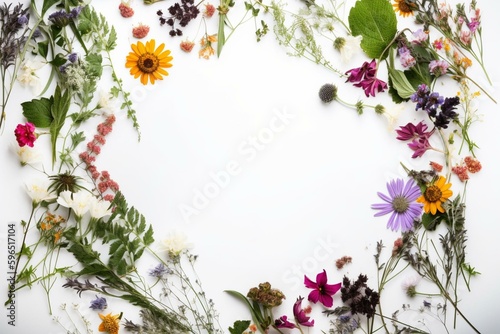 Wild flower and herb frame on white background. Perfect for invites and greeting cards. Generative AI