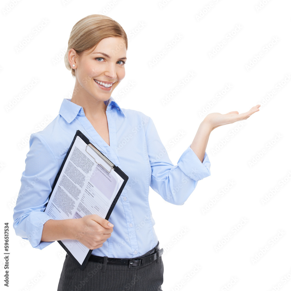 Portrait, information and clipboard for a business woman isolated on a transparent png background. Smile, documents and information for a happy female employee holding a feedback questionnaire