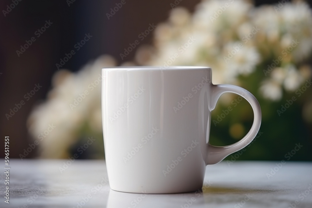 Floral Brew, Blank White 15 oz Coffee Mug Mockup with Beautiful Flowers in Background anf Bokeh - Generative AI Floral Brew, Blank White 15 oz Coffee Mug Mockup with Beautiful Flowers in Background anf Bokeh - Generative AI
