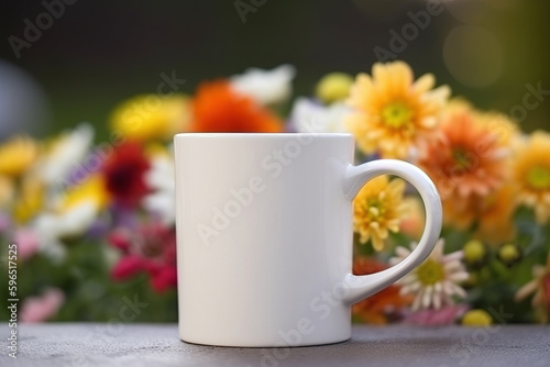 Floral Sips, Blank White 15 oz Coffee Mug Mockup with Beautiful Flowers in Background anf Bokeh - Generative AI