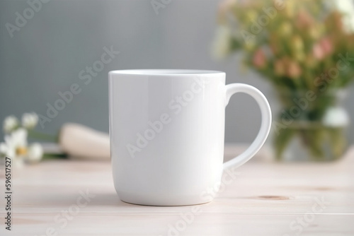 Garden Mug, Blank White 15 oz Coffee Mug Mockup with Beautiful Flowers in Background anf Bokeh - Generative AI