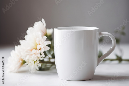 Blooming Good Coffee, Blank White 15 oz Coffee Mug Mockup with Beautiful Flowers in Background anf Bokeh - Generative AI