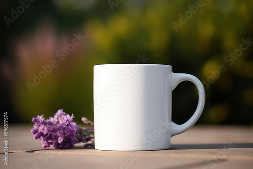 Blooming Coffee Break, Blank White 15 oz Coffee Mug Mockup with Beautiful Flowers in Background anf Bokeh - Generative AI