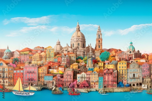 Colorful paper art collage of Portugal as a travel banner panorama. Generative AI
