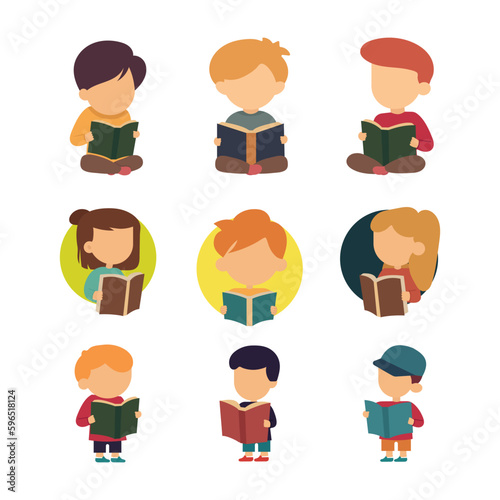 Kids read book, kids reading children literature, flat vector illustration