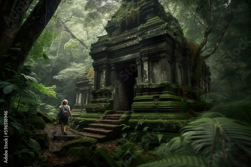 A photograph of a traveler exploring an ancient temple in a remote jungle during an adventurous afternoon  Generative AI  Generative  AI