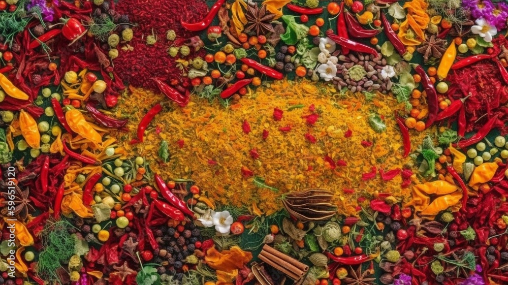 Spice-colored background. Top view of spices and herbs.The Generative AI