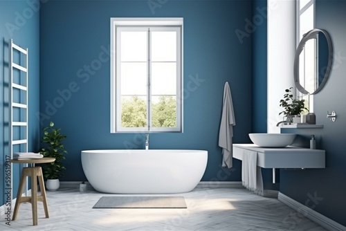 Blue bathroom with sink  panorama window  and frame mock-up. Generative AI