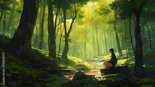 person sitting in green forest, digital art illustration, Generative AI