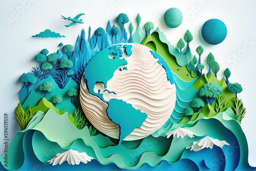 Paper Earth art, ecology, eco firendly, world water day, save environment, environmental protection, renewable energy, green energy, earth paper illustration. Generative AI