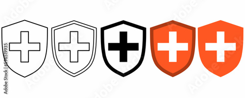 outline silhouette Medical shield with cross icon set isolated on white background