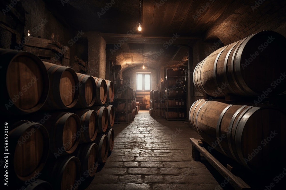 Cellar filled with wine barrels. Generative AI
