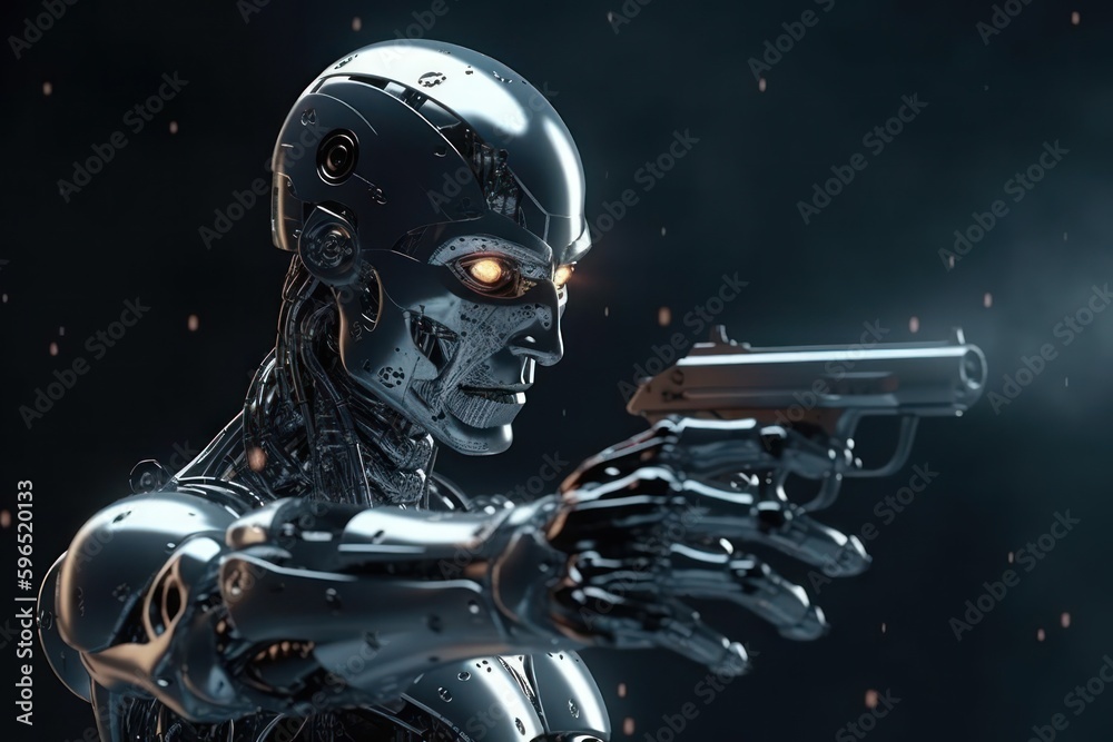  Headshot of a futuristic AI robot pointing a gun. Generative AI
