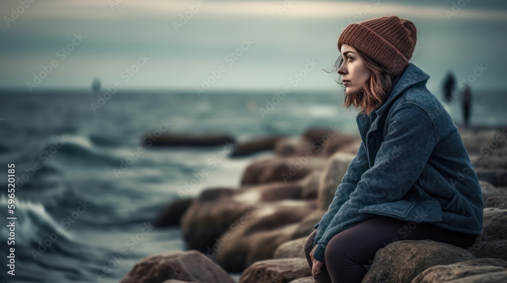 woman sitting on a breakwater, looking at the horizon with a sad expression. Generative AI