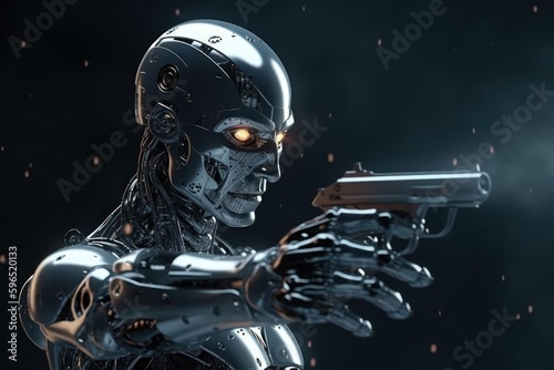  Headshot of a futuristic AI robot pointing a gun. Generative AI
