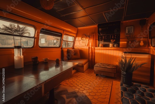 A vibrant, artistic journey into a 3D retro-modern camper van's vivid interior. Generative AI
