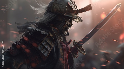 samurai with katana face army, digital art illustration, Generative AI
