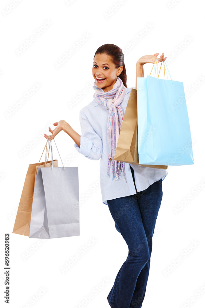 Shopping bags, wow and woman portrait isolated on transparent, png background in fashion sale, promo or giveaway. Happy customer or rich, excited person for paper bag, clothes or discount celebration Shopping bags, wow and woman portrait isolated on transparent, png background in fashion sale, promo or giveaway. Happy customer or rich, excited person for paper bag, clothes or discount celebration