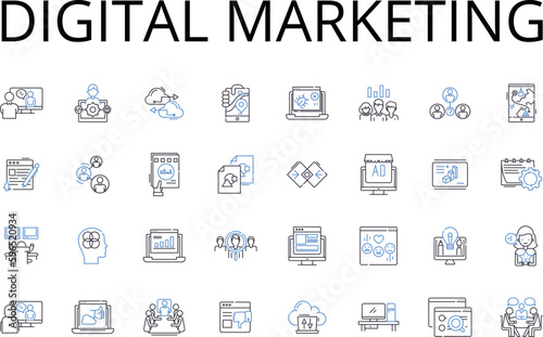 Digital marketing line icons collection. Social media, Content creation, Online advertising, Search engine optimization, Email marketing, Mobile marketing, E-commerce vector and linear Generative AI