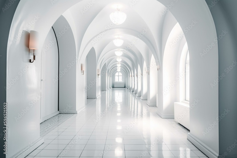 Clean white curved arches define this spacious hallway with an abstract vibe. Generative AI
