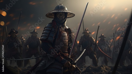 samurai with katana face army, digital art illustration, Generative AI