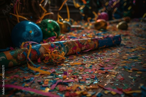 Colorful decoration including confetti and streamers for a carnival celebration. Generative AI