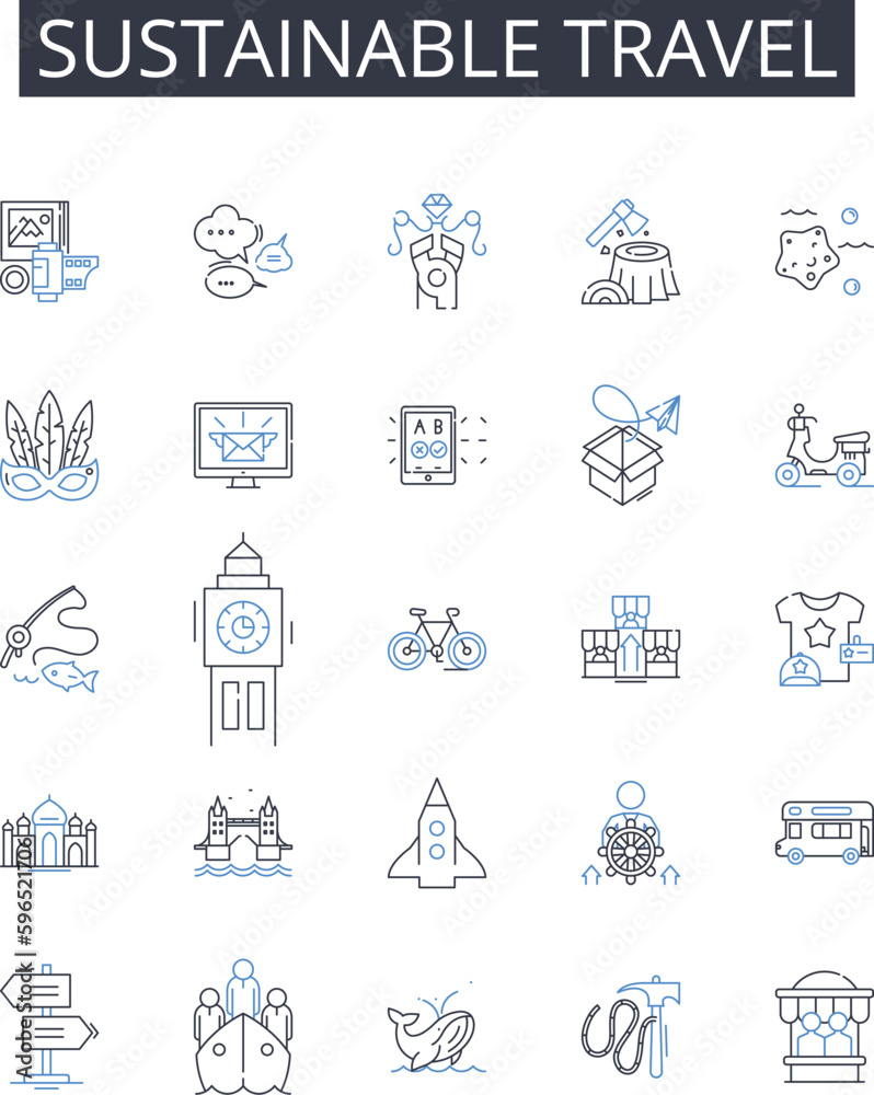 Sustainable travel line icons collection. Revolutionary, Game-changing, Daring, Fearless, Audacious, Visionary, Disruptive vector and linear illustration. Generative AI