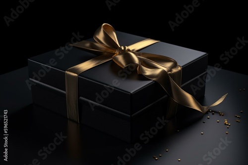 High-quality 3D render of a black gift box with a golden ribbon, perfect for holidays, birthdays, weddings or surprises. Generative AI