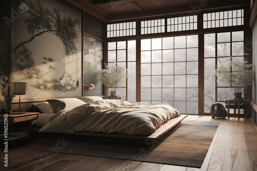 Contemporary serene bedroom in Japanese style. Generative AI © Olivia
