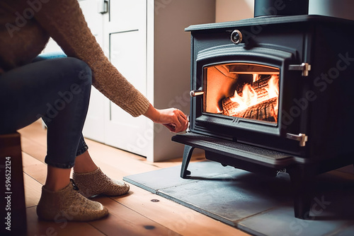 Woman putting logs in wood burning stove, high quality generative ai