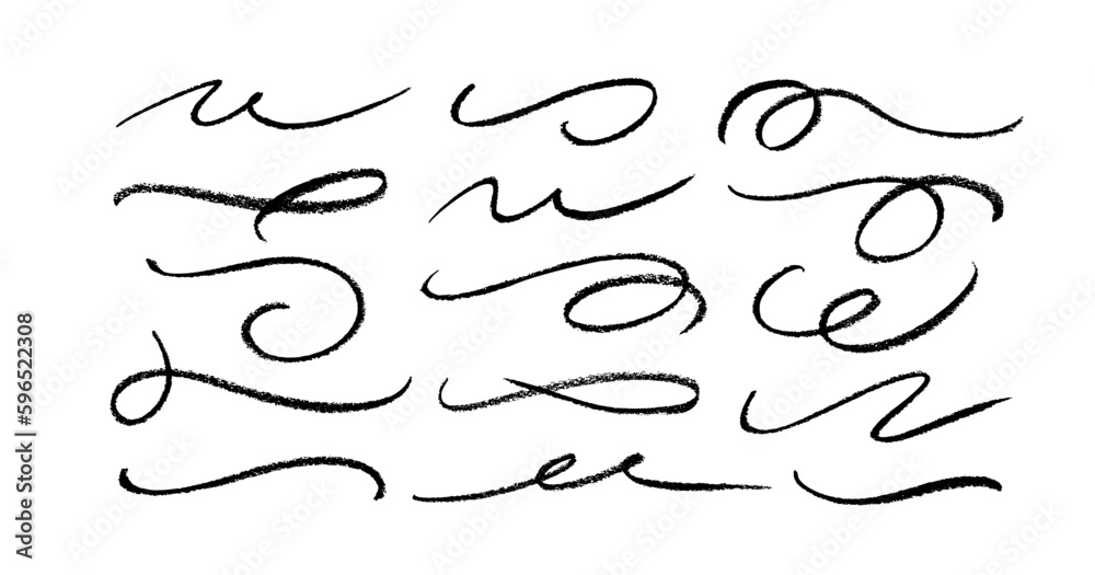 Ornament divider vector collection. Hand drawn swashes and flourishes. Ornate swirl swashes, decorative flourish dividers. Charcoal or pencil drawn wavy lines, swirls. Black paint curved strokes. Ornament divider vector collection. Hand drawn swashes and flourishes. Ornate swirl swashes, decorative flourish dividers. Charcoal or pencil drawn wavy lines, swirls. Black paint curved strokes.