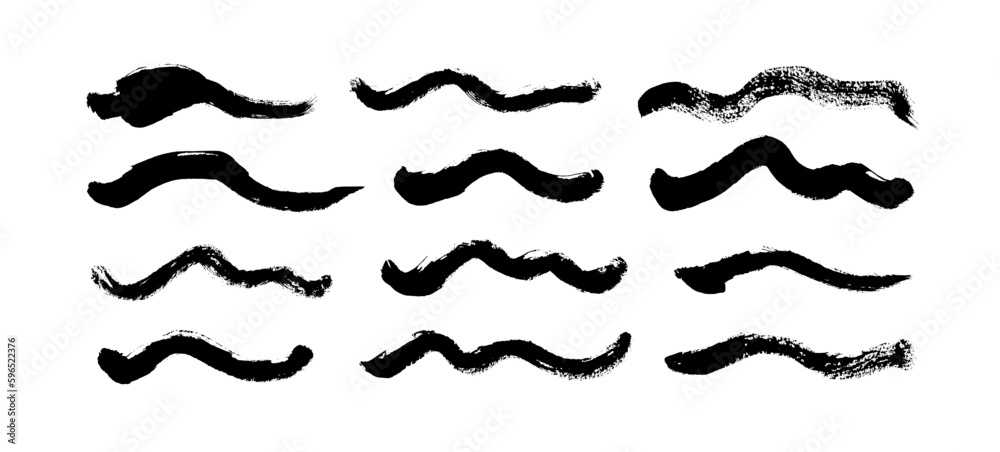 Wavy bold lines collection. Brush drawn simple squiggly strokes. Black vector wavy smears isolated on white background. Aqua streaming pictogram. Thick curved grunge strokes.