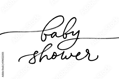 Baby shower calligraphy handwritten with a line. Vector ink illustration isolated on white background. Mono line lettering with swashes. Baby shower party phrase for banner, invitation, card. 