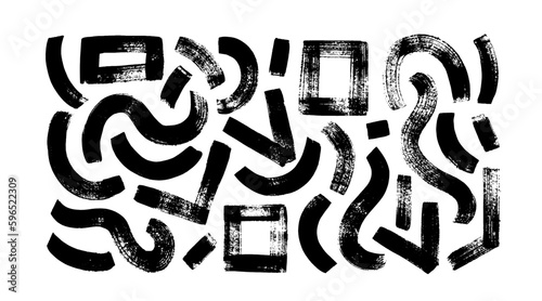 Thick organic shapes and lines collection. Geometric brush strokes isolated on white background. Decorative vector abstract elements. Hand painted various shapes, curls, forms. Texture graphic squares