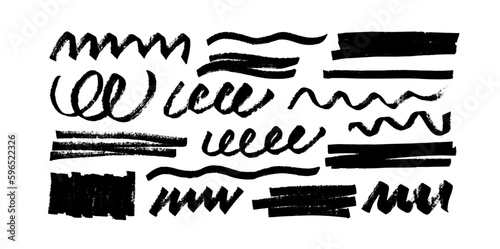 Collection text marker stripes. Black marker strokes and design elements. Abstract grunge vector lines, rectangles and curls. Hand drawn curved bold lines, various shapes isolated on white.