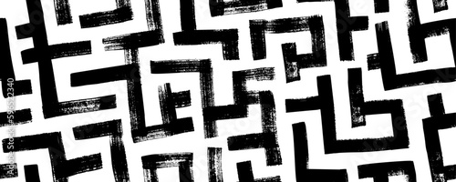 Geometric maze seamless pattern. Brush drawn black scribbles. Abstract maze geometric vector background. Irregular labyrinth pattern. Aztec or African textile print design. 
