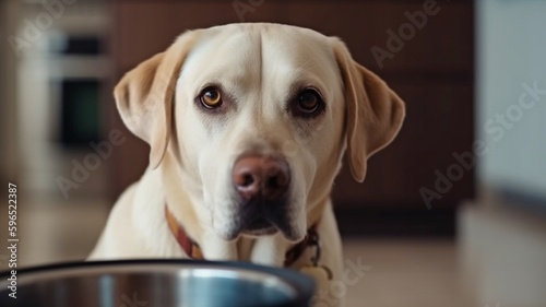 Dog is waiting for food in the kitchen, its eyes sad. In his mouth, a cute labrador retriever is holding a dog bowl.The Generative AI
