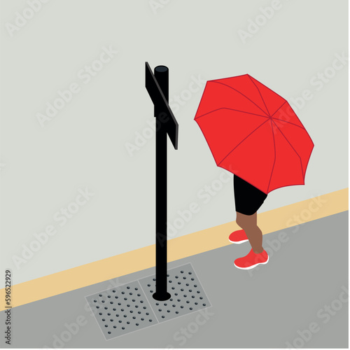 Vector hombre de pie esperando el bus con paraguas rojo visto en perspectiva