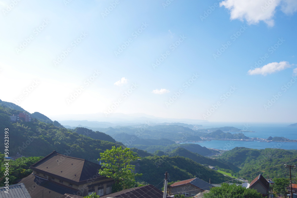 台湾　九份の海と街の風景
