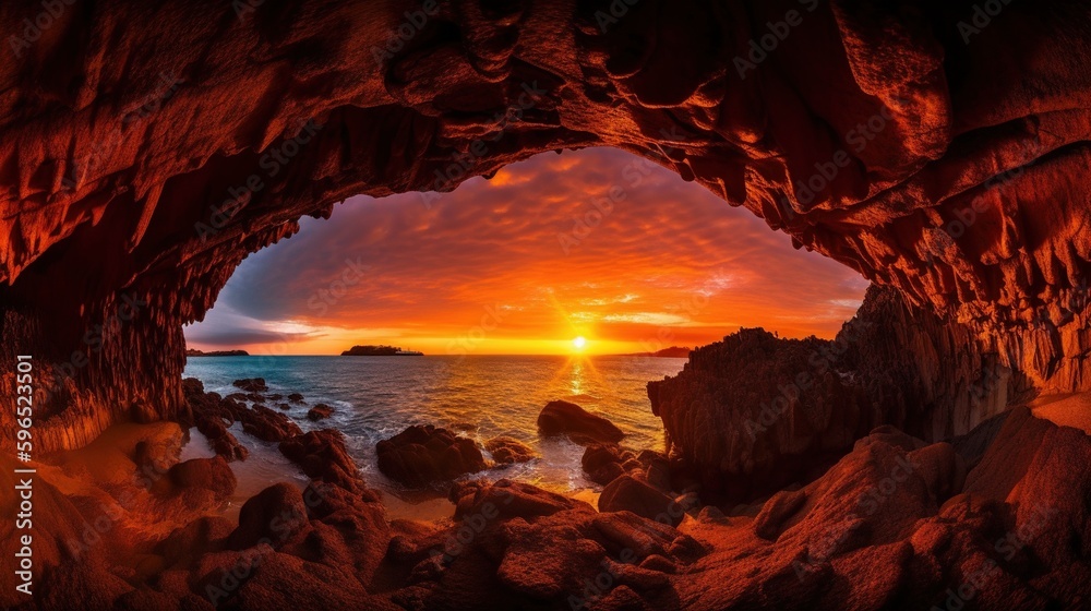 Fototapeta premium Looking at the ocean from inside a cave at sunset 