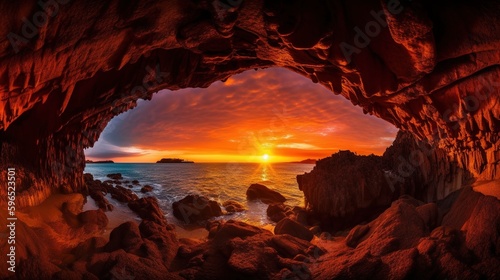 Looking at the ocean from inside a cave at sunset 