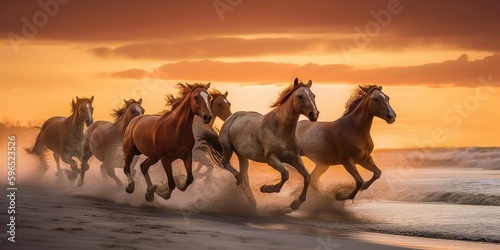horses running on the beach at sunset generative ai