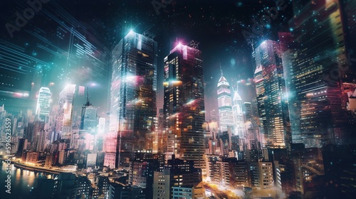 City skyline at night double exposure