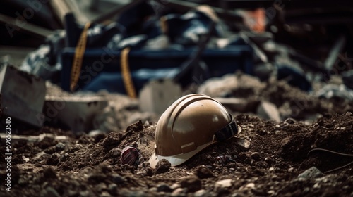Hard hat in rubble at a construction site
