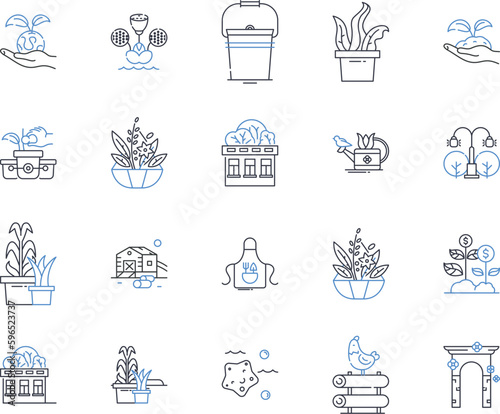 Horticulture & Cultivating line icons collection. Soil, Compost, Seeds, Fertilizer, Harvest, Greenhouse, Pruning vector and linear illustration. Irrigation,Mulch,Planting outline signs Generative AI